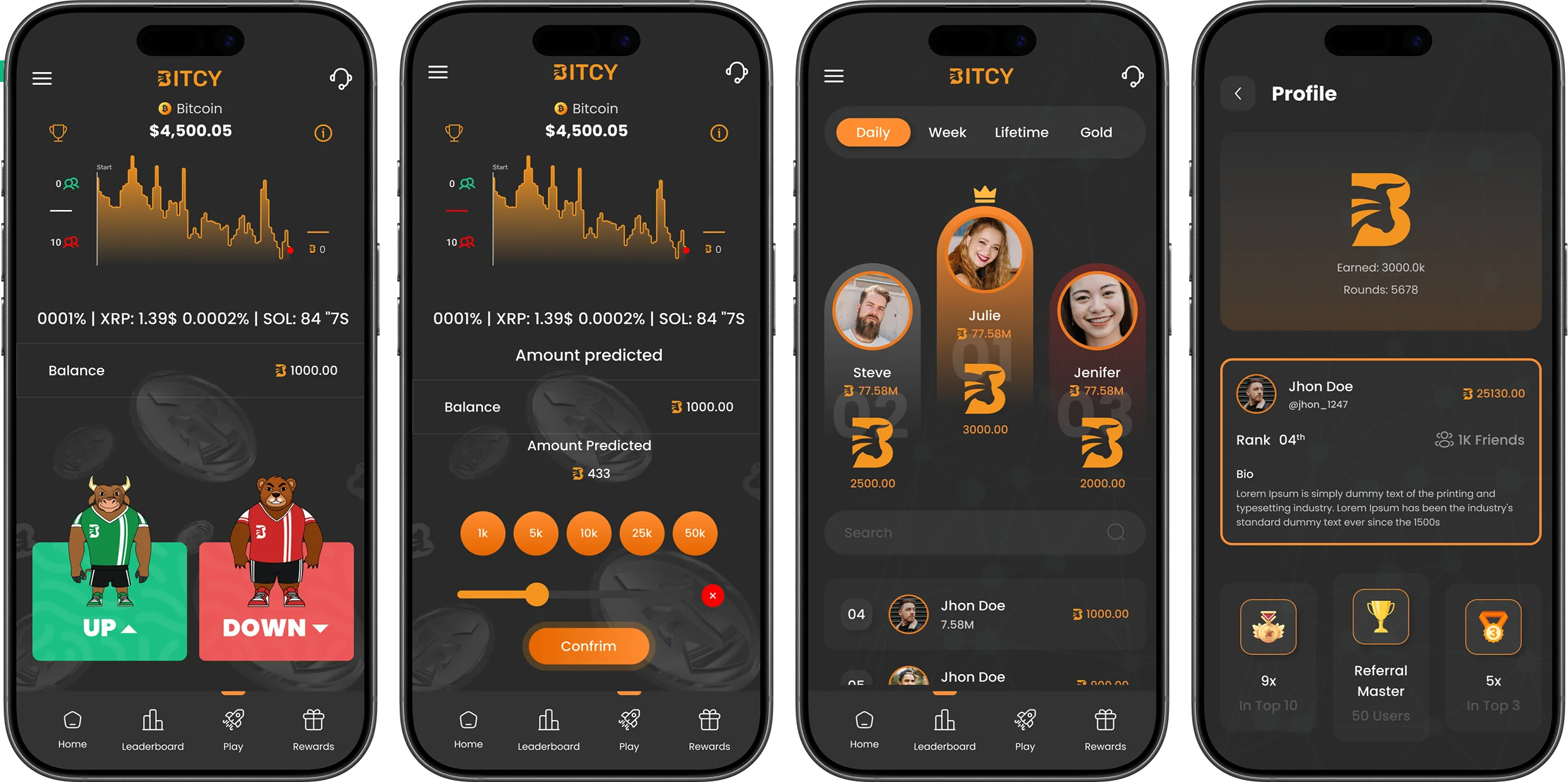 BitcyClub App Screenshots — Live Bitcoin Price, Up/Down Prediction, Leaderboard, User Profile